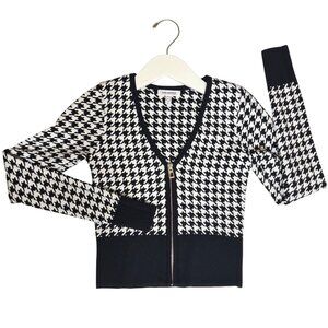 Good American LIL Fitted Houndstooth Black White Cardigan Zip Sweater Size 2